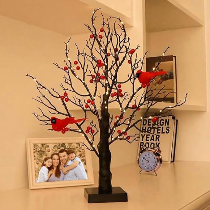 21in Black Birch Tree with 60 Led Lights, Twinkle Tree Lamp with Lighted Branches, Fairy Light Spirit Tree with 2 Red Birds for Room Decor, Easter, Halloween, Thanksgiving, Christmas, New Year, etc.