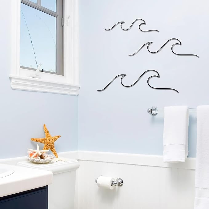 Qmetalart Wave Wall Decor Black Metal Wire Wall Art Ocean Coastal Sea Beach Pictures Surf Nursery Themed Hanging for Home Living Room Sum-mer Seaside Decoration for Bedroom Bathroom