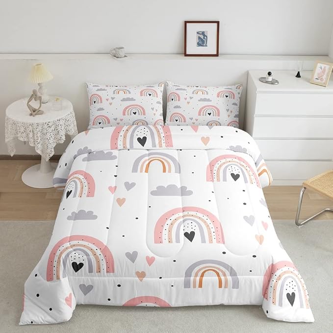 Rainbow King Bedding Sets For Girls, Kawaii Cloud Comforter Set 3 Pieces With 2 Pillow Cases, Pink Love Heart Down Comforter For Kids Boys Women Adult, Hand Drawn Cartoon Rainbow Duvet Insert