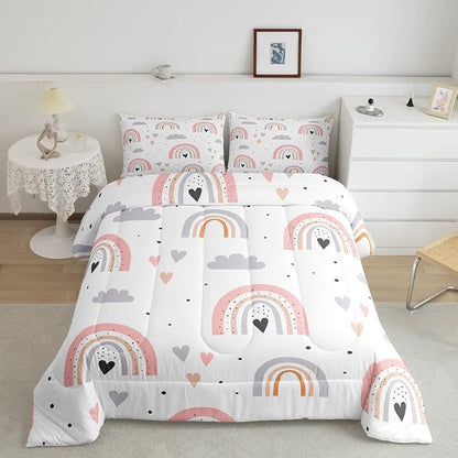 Rainbow King Bedding Sets For Girls, Kawaii Cloud Comforter Set 3 Pieces With 2 Pillow Cases, Pink Love Heart Down Comforter For Kids Boys Women Adult, Hand Drawn Cartoon Rainbow Duvet Insert