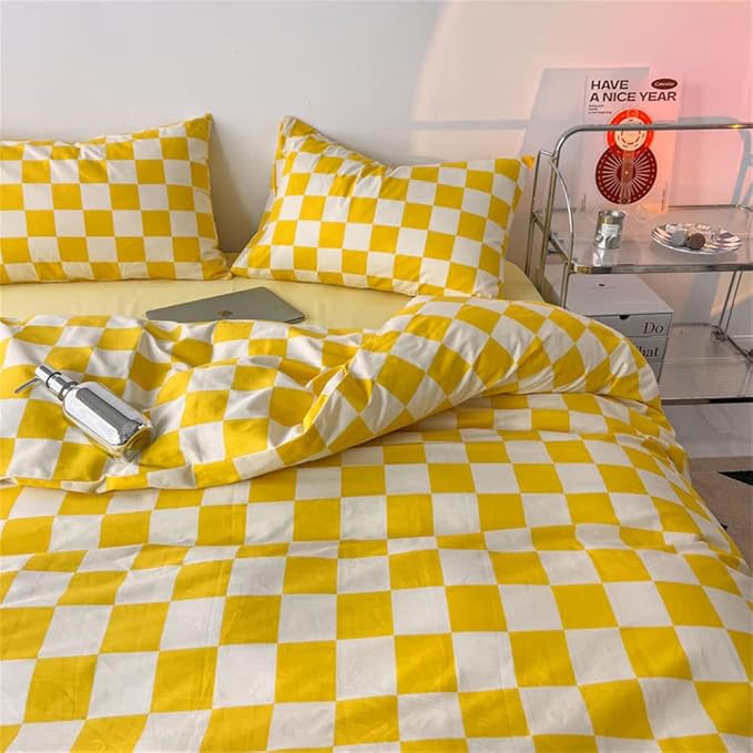 Wellboo Yellow White Plaid Comforter Sets Queen Women Men Yellow and White Checkerboard Grid Bedding Comforters Cotton Boys Girls Modern Bright Yellow Checkered Geometric Quilts Luxury Abstract Bed
