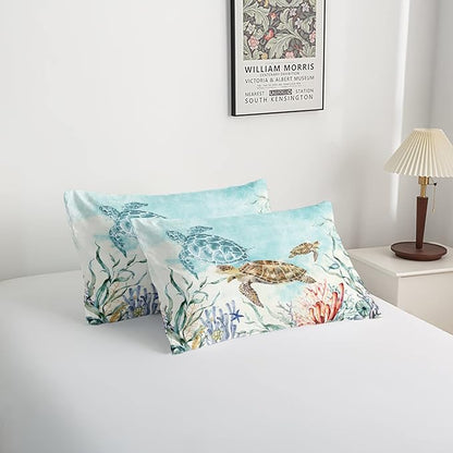 CVHOUSE Sea Turtle Comforter Set,Ocean Watercolor Sea Turtle Bedding Set for Kids Teens,Ocean Sea Turtle Comforter Sea Turtle Duvet Set Room Decor Quilt Set Twin Size