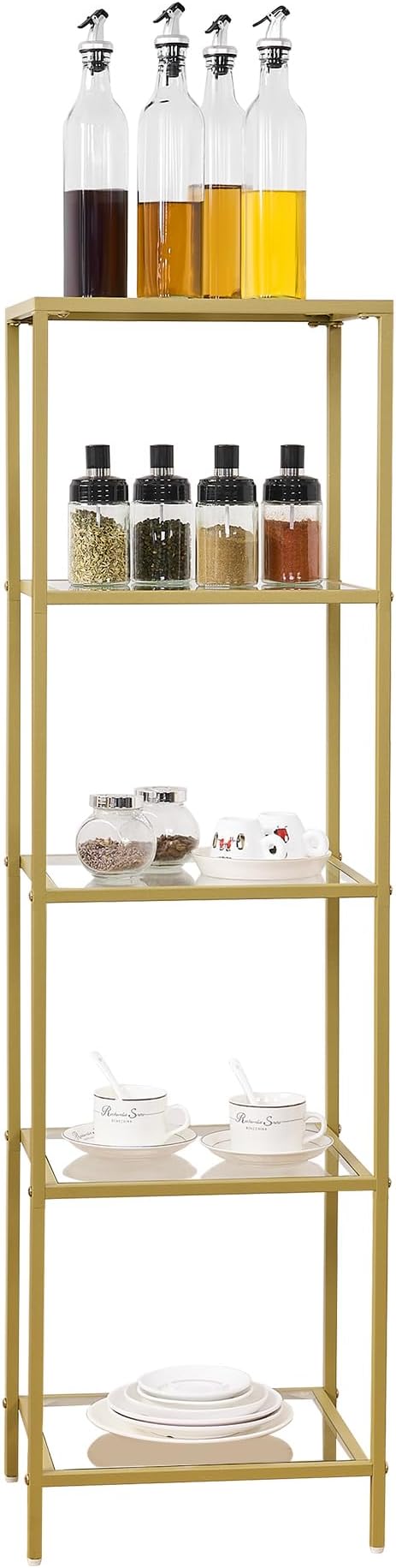 5-Tier Bookshelf,Metal Bookcase,Tempered Glass Shelves,Storage Rack Shelf for Home Office,Living Room,Bedroom, Bathroom,Modern Style,Golden