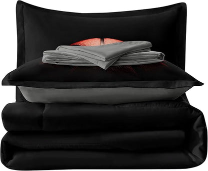 Teenage Boy Bedding Sets Full Size 5 Pieces Basketball Comforter Set for Boys Bed in a Bag Set, Basketball Bedding Full, Red Black