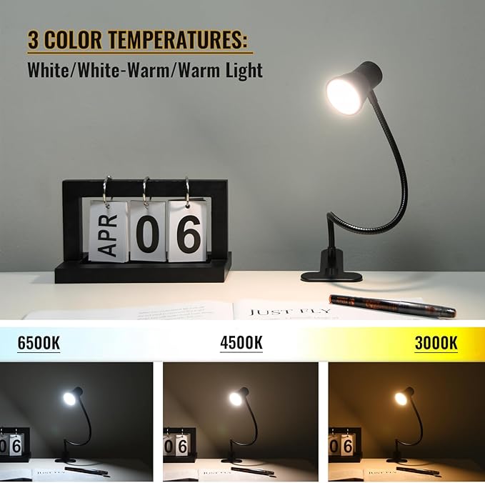 Clip Desk Lamp, USB Reading Light, Flexible Neck Led Clamp Light with 3 Color Temperature Options, 10 Dimmable Brightness Levels for Working, Studying (8W)