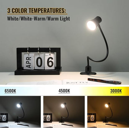 Clip Desk Lamp, USB Reading Light, Flexible Neck Led Clamp Light with 3 Color Temperature Options, 10 Dimmable Brightness Levels for Working, Studying (8W)