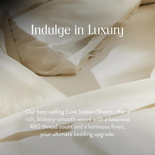 Brooklinen Luxury Sateen 4 Piece Queen Size Sheets Set in Cream - 100% Cotton Sateen Sheets - 1 Fitted Sheet, 1 Flat Sheet, 2 Pillowcases - Best Luxury Sheets