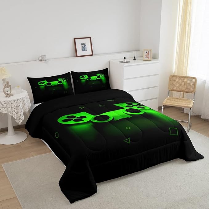 Gamer Comforter Set For Boys Full,Gaming Bedding Comforters For Kids Teens Men Game Room Decor,Video Game Down Comforter Reversible Retro Green Gamepad Controller Quilt Duvet Sets Home Decor 3 Pcs