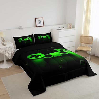 Gamer Comforter Set For Boys Full,Gaming Bedding Comforters For Kids Teens Men Game Room Decor,Video Game Down Comforter Reversible Retro Green Gamepad Controller Quilt Duvet Sets Home Decor 3 Pcs