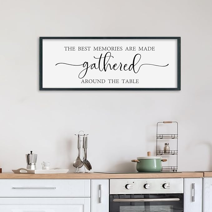 SRSZHIYUE The Best Memories Are Made Gathered Around The Table Sign Wall Decor Art 32"×12" for Kitchen Dining Room Large Wood Framed Wall Hanging (Black)