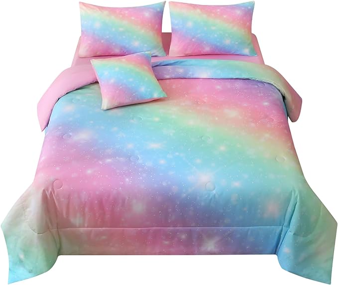 JQinHome Glitter Bedding Set Twin Size,6 Piece Bed in A Bag 3D Colorful Rainbow Galaxy Comforter Set for Girls Kids-All Season Microfiber Tie-Dye Bedding Sets(Rainbow)