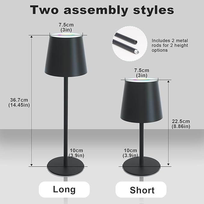 ORALUCE RGB Cordless Table Lamp Rechargeable, LED Battery Operated Desk Lamp with Type-C Charging Port, Multiple Colour Stepless Dimming Touch Lamp for Outdoor Party/Coffee Shop/Camping/Bars, 2 Pack