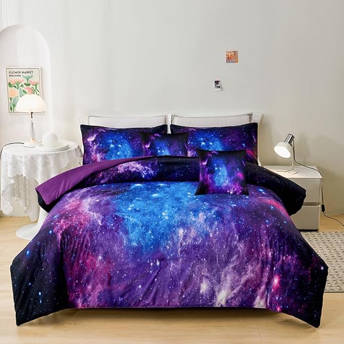 Full Size Comforter Sets for Girls 7PCS,Galaxy Bedding Sets,Bed Sets for Girls with Flat Sheet and Fitted Sheet,Pillowcases,Cushions,Purple Comforter Sets