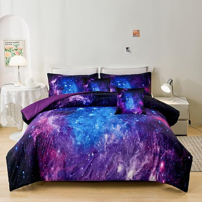 Full Size Comforter Sets for Girls 7PCS,Galaxy Bedding Sets,Bed Sets for Girls with Flat Sheet and Fitted Sheet,Pillowcases,Cushions,Purple Comforter Sets