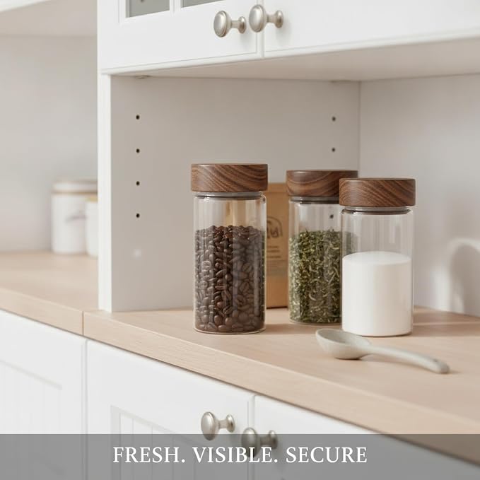 Glass Storage Jar with Acacia Wood Lid, Borosilicate Food Canister for Coffee Beans Tea Sugar Dry Pantry Staples (1 PC)
