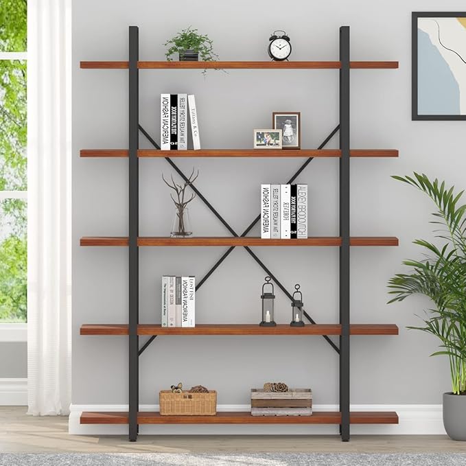 HSH Solid Wood 5 Shelf Bookshelf, Industrial Real Natural Wood Tall Etagere Bookcase, Modern Large Open Wide Big Metal Book Shelf with 5 tier Storage for Bedroom Living Room Home Office, Rustic Brown