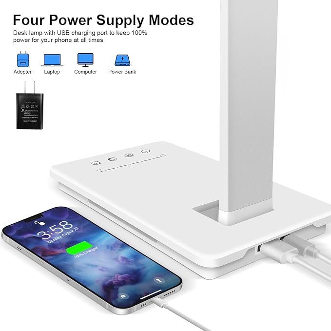 Desk Lamp Dimmable Table Lamp Foldable Reading Lamp Double Swing Arm Desk Light with USB Charging Port,5 Light Modes, Touch Control, Auto-Off Timer, Eye-Caring Led Desk Lamp (Silver)
