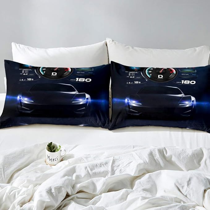 Erosebridal Teens Race Car Comforter Set Queen Size, Kids Cool Speed Racing Car Quilt Set, Extreme Sport Bedding Set for Boys Youth Adult Bedroom, Black Automobile Quilted Duvet for Bedroom