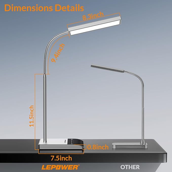 LEPOWER Desk Lamp, 800LM LED Desk Lamp for Home Office, 12W Reading Lamp for Desk, Eye-Caring Light, Touch Table Lamp, Gooseneck Lamp, 50 Lighting Modes, Bright Desk Lamps for Bedroom, Study (Grey)