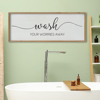 SRSZHIYUE Wash Your Worries Away Bathroom Sign Wall Art 40"x15" Funny Restroom Toilet Large Wood Framed Hanging Decor (Wood)