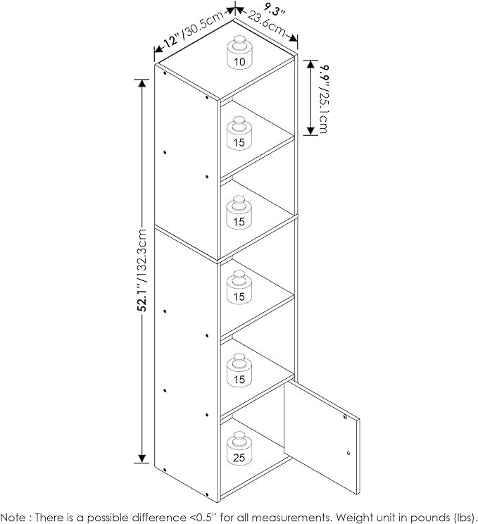 Furinno Luder Shelf Bookcase with 1 Door Storage Cabinet, White, 5-Cube with Cabinet
