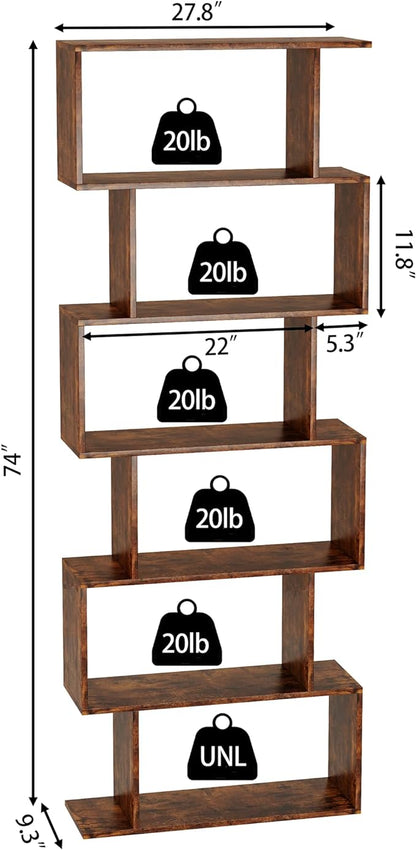 Yusong Geometric Bookcase, Bookshelf 6-Tier S Shaped Book Shelves for Bedroom, Modern Wood Decorative Display Shelf Tall Book Case for Home Office, Rustic Brown