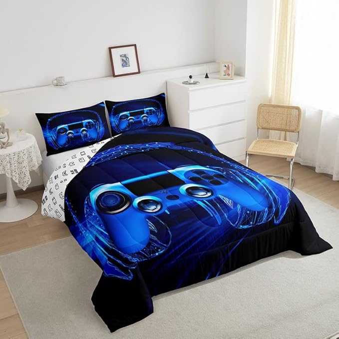 Feelyou Gamer Bedding Set Kids Video Game Gamepad Comforter Set for Boys Teens Gaming Headset Comforter Blue Game Controller Duvet Set Room Decor Quilt King Size Boys