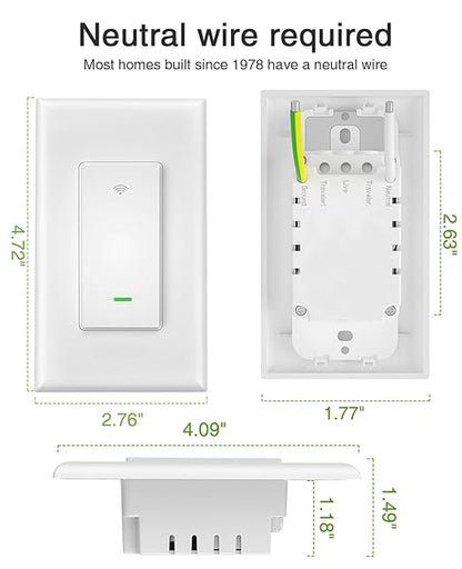 GHome Smart Switch, 3 Way Light Wi-Fi Switch Compatible with Alexa and Google Home, 2.4GHz Schedule Timer, Neutral Wire Required, 3-Way Installation and No Hub Required, FCC Listed (2-Pack),White