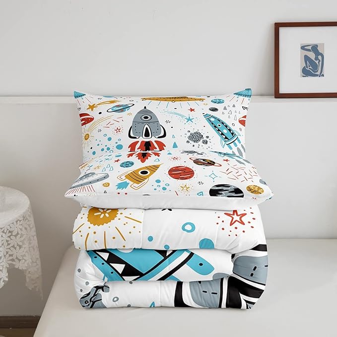 Erosebridal Outer Space Bedding Set King Size Kids Boys Space Ship Rocket Comforter Set Cartoon Universe Stars Planet Down Comforter Cosmos Meteorite Quilt Duvet Set with 2 Pillow Cases