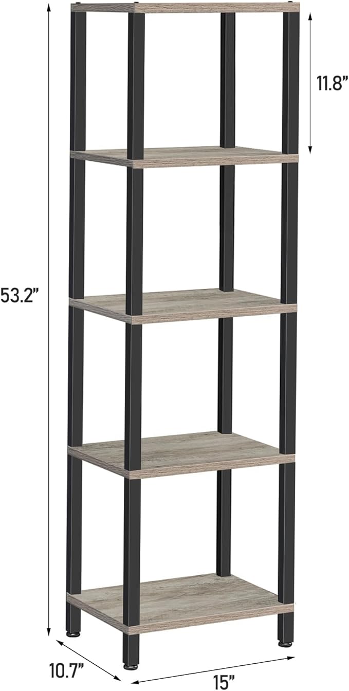 TUTOTAK Bookshelf, 5-Tier Tall Book Shelf, Narrow Bookcase for Small Space, DIY Stackable Bookshelf, for Living Room, Office, Study, Entryway, Industrial, Greige and Black BS01BG005
