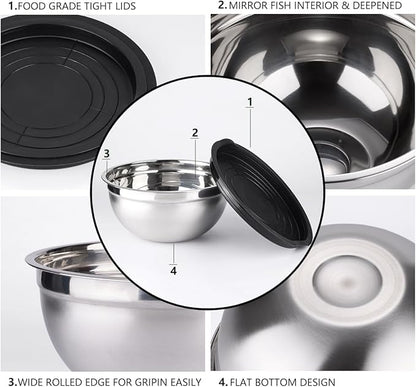 Leidawn Mixing Bowls with Lids set - 25 PCS Stainless Steel Nesting Black Mixing Bowls Set for Baking, Mixing, Serving & Prepping, Size 5, 3.7, 2.8, 2.3, 1.7, 1.1, 0.7QT, 11 Cooking