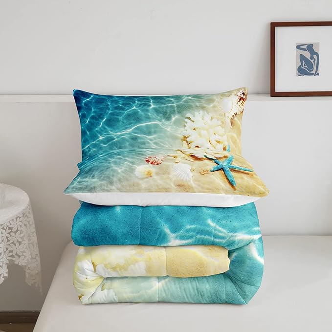 Ocean Comforter Set Full Beach Bedding Set Coastal Nature Theme Pattern Teal Duvet Set Boys Girls Hawaiian Quilt Sets Sea Wave Animals Starfish Reversible Comforter Set 2 Pillowcases, Blue Room Decor