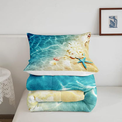 Ocean Comforter Set Full Beach Bedding Set Coastal Nature Theme Pattern Teal Duvet Set Boys Girls Hawaiian Quilt Sets Sea Wave Animals Starfish Reversible Comforter Set 2 Pillowcases, Blue Room Decor