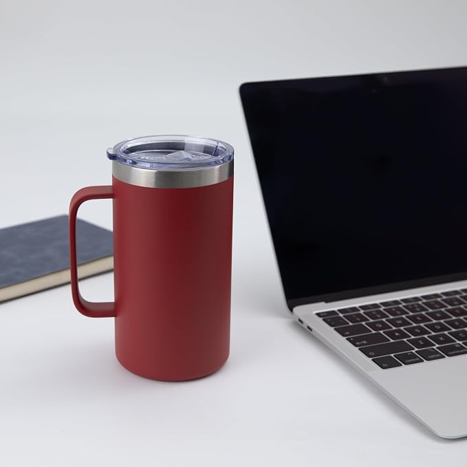 DOMICARE 24oz Mug with Handle and Lid, Stainless Steel Coffee Mug, Reusable Insulated Cup, Travel Mug with Handle, Double Wall Vacuum Coffee Tumbler for Men and Women, Dark Red, Pack 1