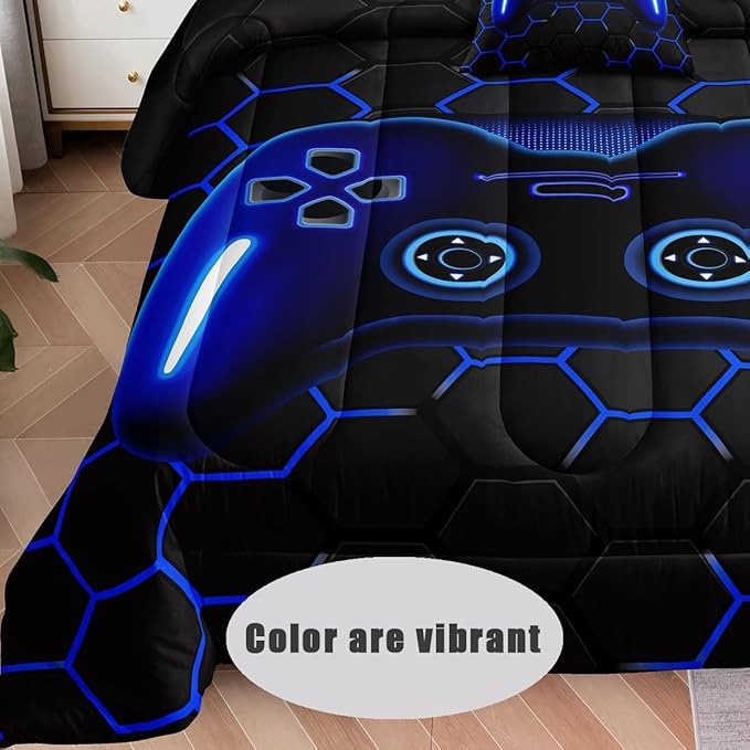 6 Pieces Bed in a Bag for Boys Bedding Sets Queen Size,Gamer Comforter Sets for Boys Kids, Gaming Comforter Set for Boys Room Decor with Flat Sheet,Fitted Sheet,Pillowcase,Cushion Cover