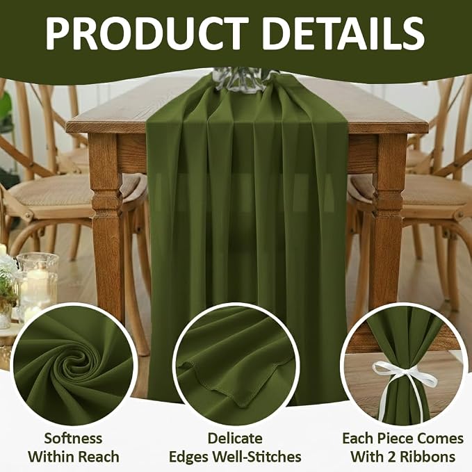 Pack of 20 | Olive Green | 10ft Chiffon Table Runner 29x120 Inches Long Romantic Rustic Sheer Gauze Runner for Wedding Bridal Shower Birthday Banquets Engagement Spring Easter Boho Decorations