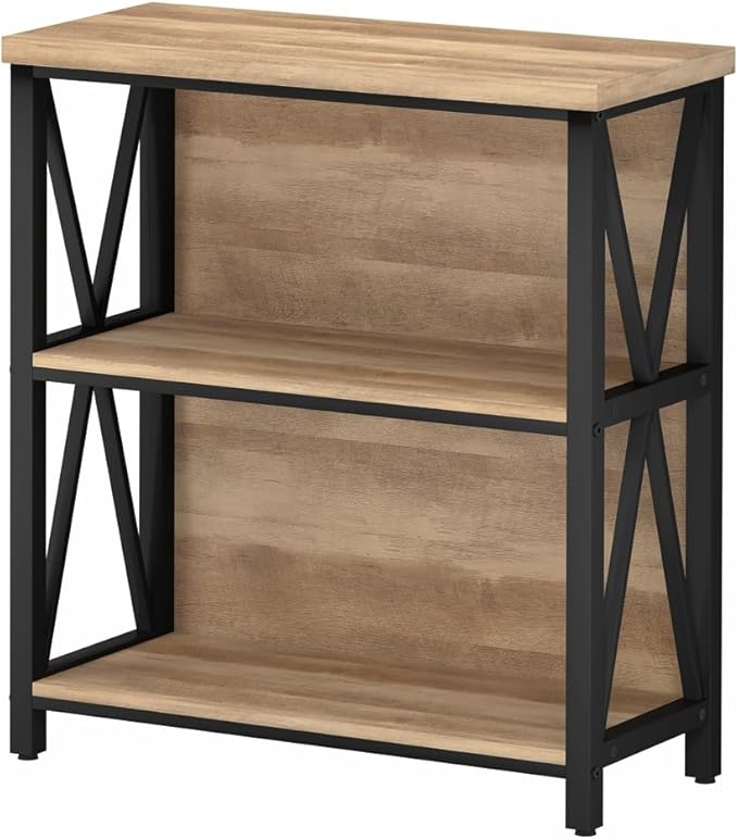 FATORRI Small Bookcase, Wood and Metal Low Short Bookshelf, Industrial Book Case and Rustic Book Shelf for Small Space (Rustic Oak)