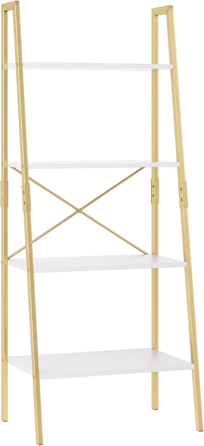 finetones Bookshelf 4 Tier, Wood Bookcase with Metal Frame, Open Display Storage Ladder Shelf, Plant Flower Stand Storage Rack for Home Office White/Gold