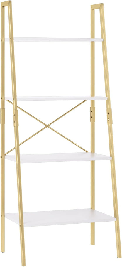 finetones Bookshelf 4 Tier, Wood Bookcase with Metal Frame, Open Display Storage Ladder Shelf, Plant Flower Stand Storage Rack for Home Office White/Gold