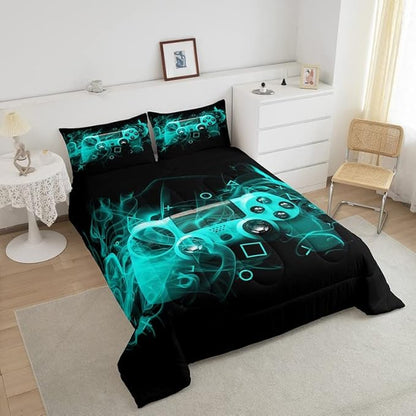 Feelyou Kids Gamer Comforter Set Queen Size Teens Gamepad Bedroom Decor for Boys Girls Video Game Controller Bedding Set Youth Gaming Console Comforter Blue Black Geometry with 2 Pillow Case