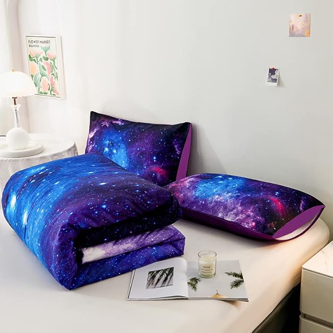 7PCS Purple Comforter Sets Queen,Girls Galaxy Comforter Queen,Girls Bed Sets Queen,Bed in a Bag with Flat Sheet and Fitted Sheet,Pillowcases,Cushions for Girls,Galaxy Bedding Sets