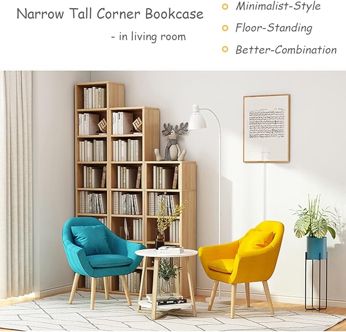 IOTXY Small Narrow Corner Bookcase - 59 Inches Tall Gap Freestanding Storage Cabinet, 6 Lattices Open Shelves Tower Rack with Door, Cubes Bookshelf in Oak