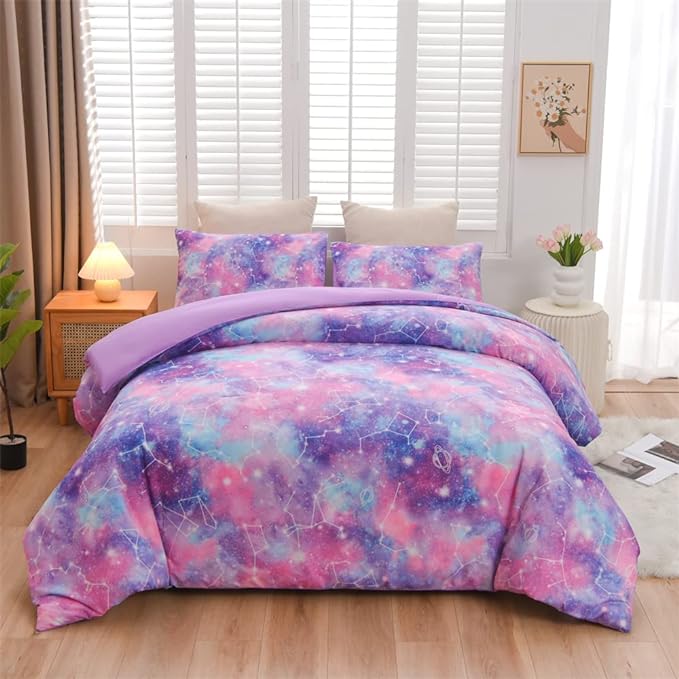 Holawakaka Tie Dye Constellation Print Ombre Comforter Set Queen Size Girls Boys Gradient Galaxy Bedding Sets(Purple, Queen)