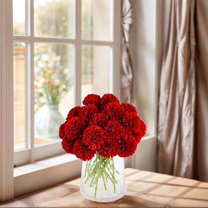Kimura's Cabin 20pcs Fake Mums Flowers Artificial Silk Chrysanthemum Hydrangeas Ball for Wedding Arrangements Home Kitchen Party Table Centerpieces DIY Bouquets (Red)
