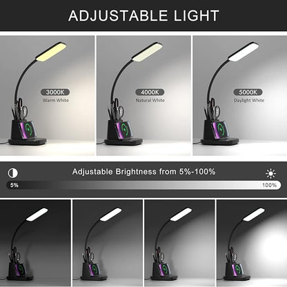 Desk Lamp for Home Office, LED Desk Lamp with Wireless Charger Pen Holder, Dimmable Desk Light with 3 Color Modes, Black Office Lamp for Dorm