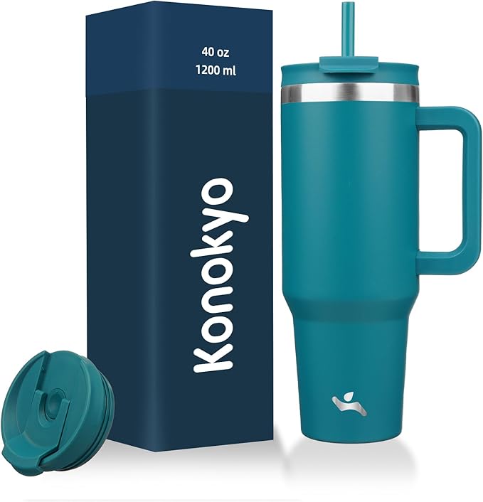 Konokyo 40 oz Insulated Tumbler Water Bottle with Handle, Straw Lid | BPA-free and dishwasher safe; made for gym, travel, coffee and gifting, 2 straws, cup holder friendly,Blue