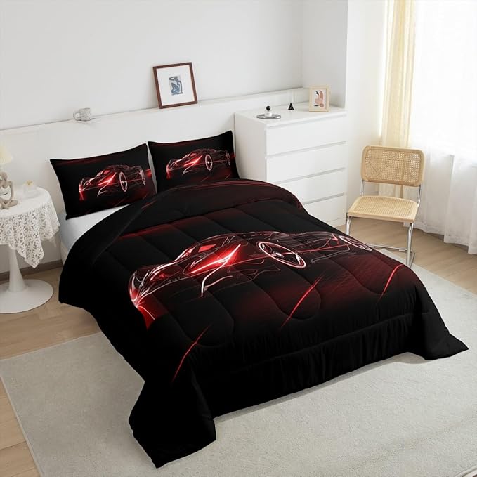 Feelyou Red Race Car Bedding Set King Size for Kids Boys Extreme Sport Games Comforter Set Teens Toddler Fast and Furious Duvet Set Cool Modern Quilt Set 3Pcs