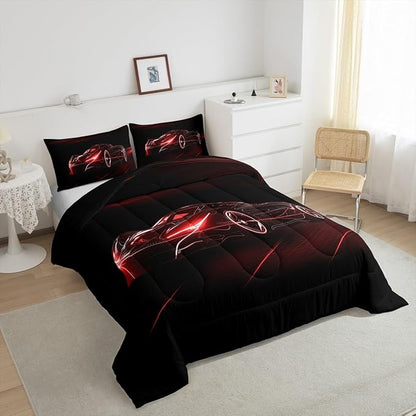 Feelyou Red Race Car Bedding Set King Size for Kids Boys Extreme Sport Games Comforter Set Teens Toddler Fast and Furious Duvet Set Cool Modern Quilt Set 3Pcs