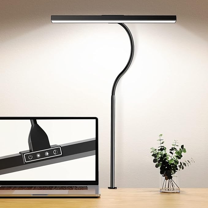 LED Desk Lamp for Home Office - 12W Desk Light Bar with Charger, 25 Lighting Modes, Eye-Caring Modern Flexible Gooseneck Clip Table Lamps for Monitor Study Office Workbench