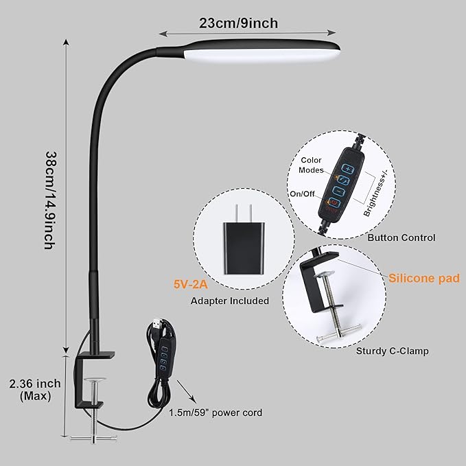 LED Desk Lamp with Clamp, 10W Flexible Gooseneck Swing Arm Clip Lamp with USB Plug, 3 Color Modes, 30 Brightness Levels, Eye-Caring Portable Desk Light for Home Office Reading Working (Black)
